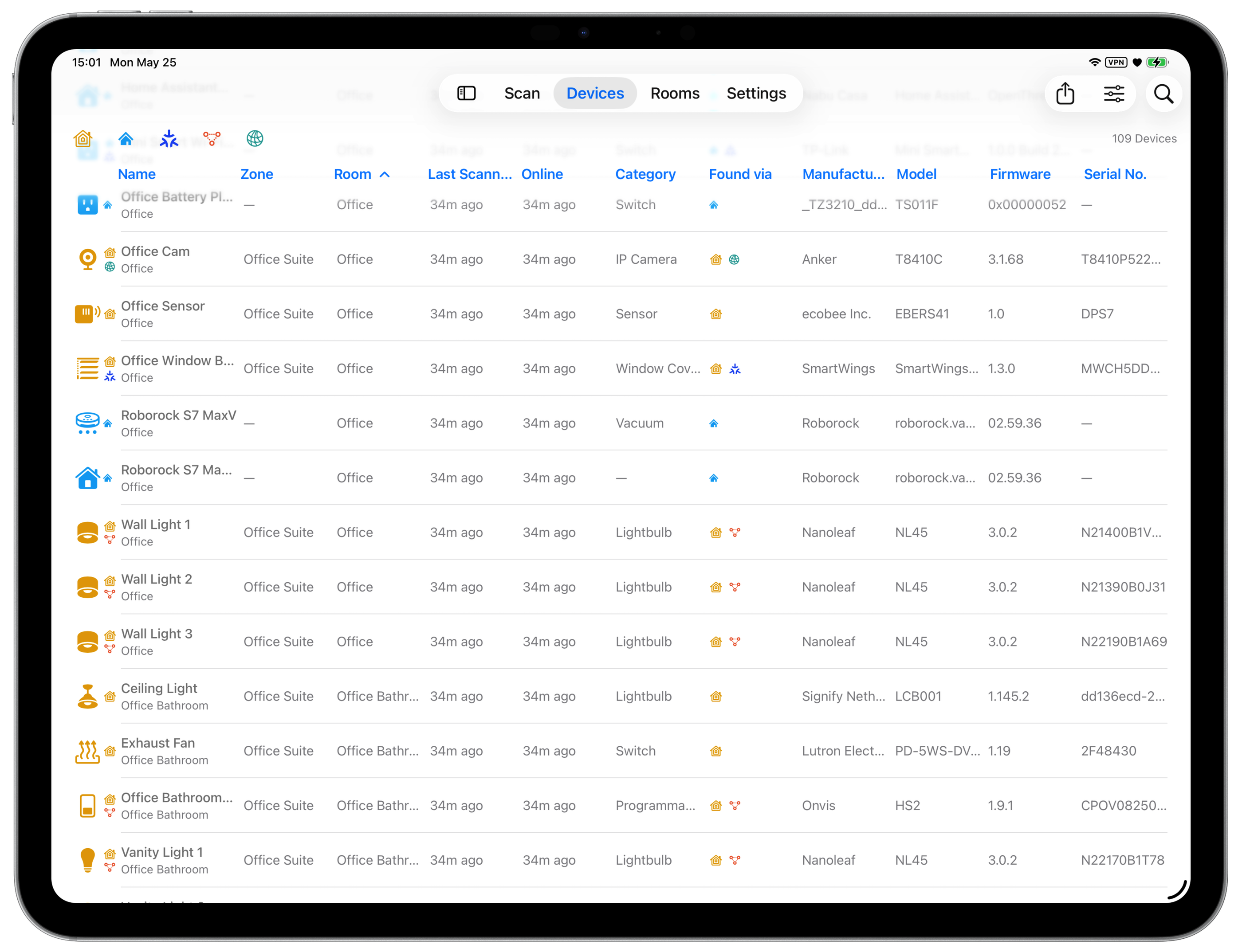 HomeMapper device list on iPad