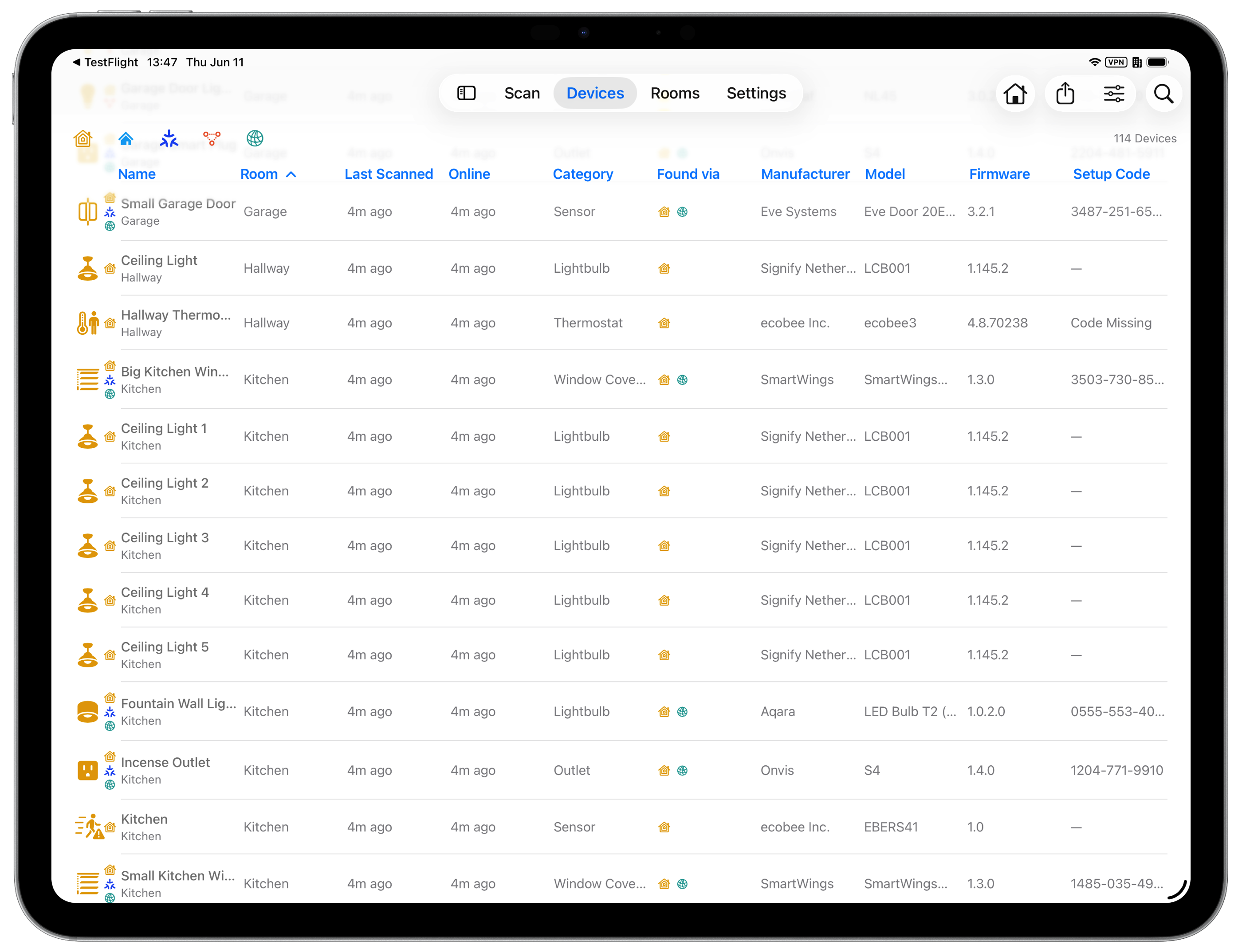 Setup codes shown across the device list in HomeMapper on iPad