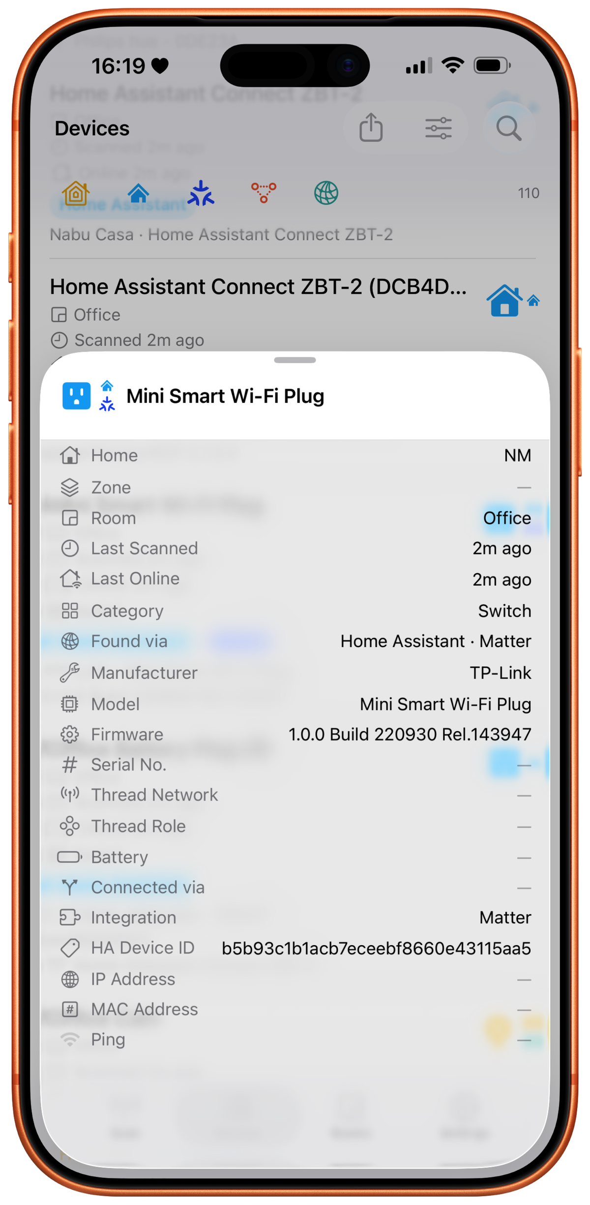Matter device discovered via Home Assistant in HomeMapper on iPhone