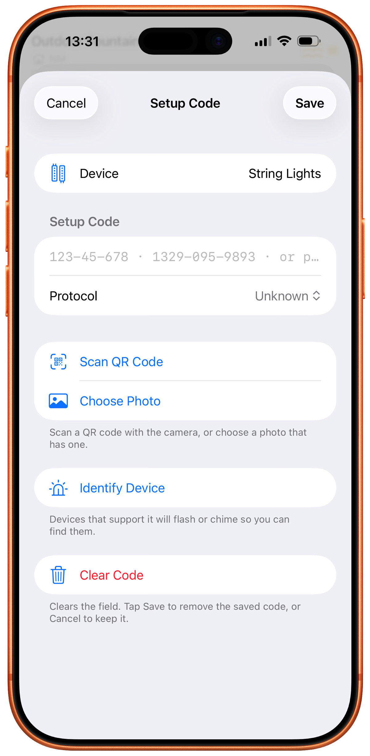Saving a device setup code in HomeMapper on iPhone
